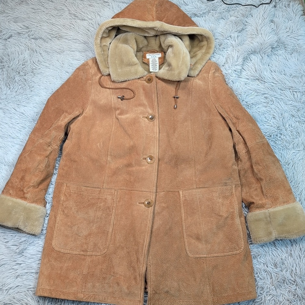 Covington Jacket Womens L Biege Leather Coat Removable Hood Softshell Comfort